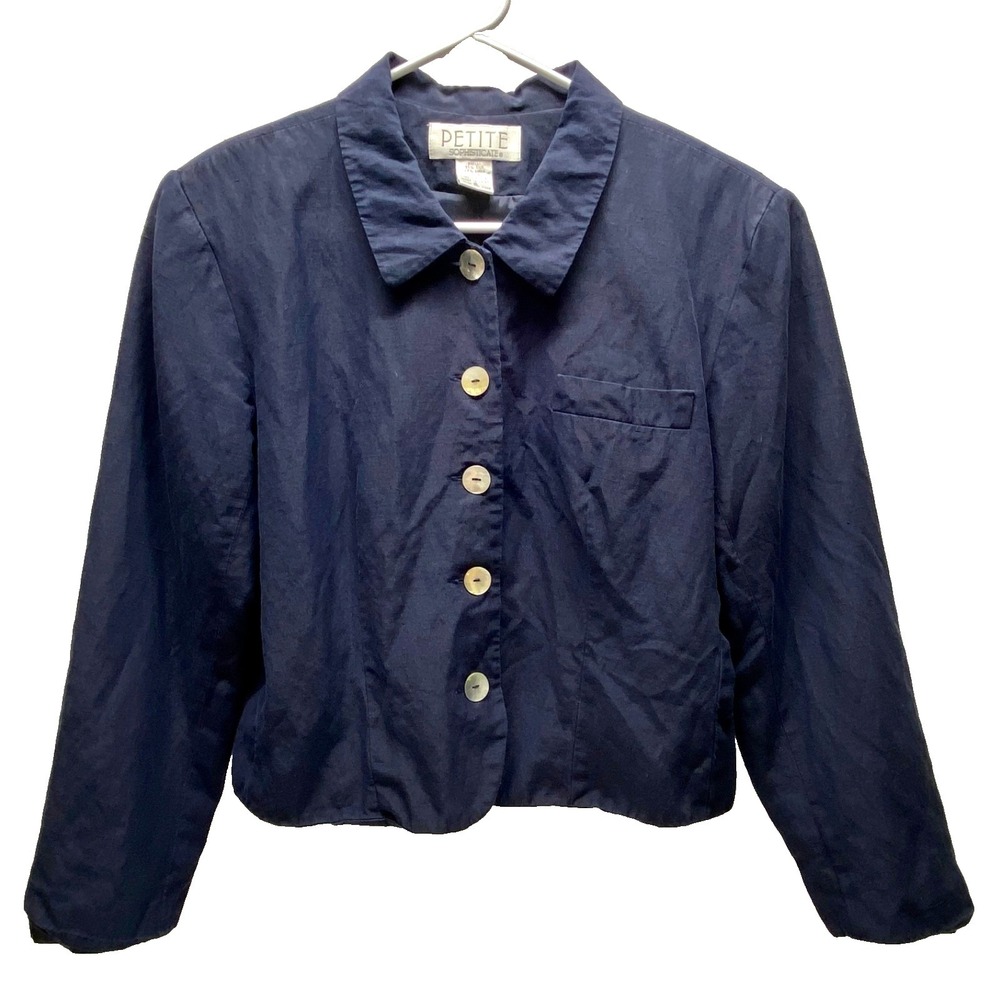 Vintage Petite Sophisticate Blazer Women's Small PS Navy Silk Linen Blend GUC